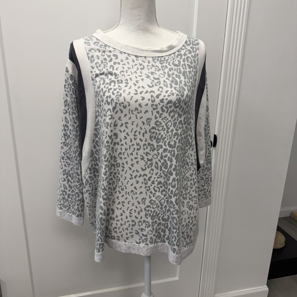 Women's Gray White Leopard Print Color Block Long Sleeve Tunic Large Oversized